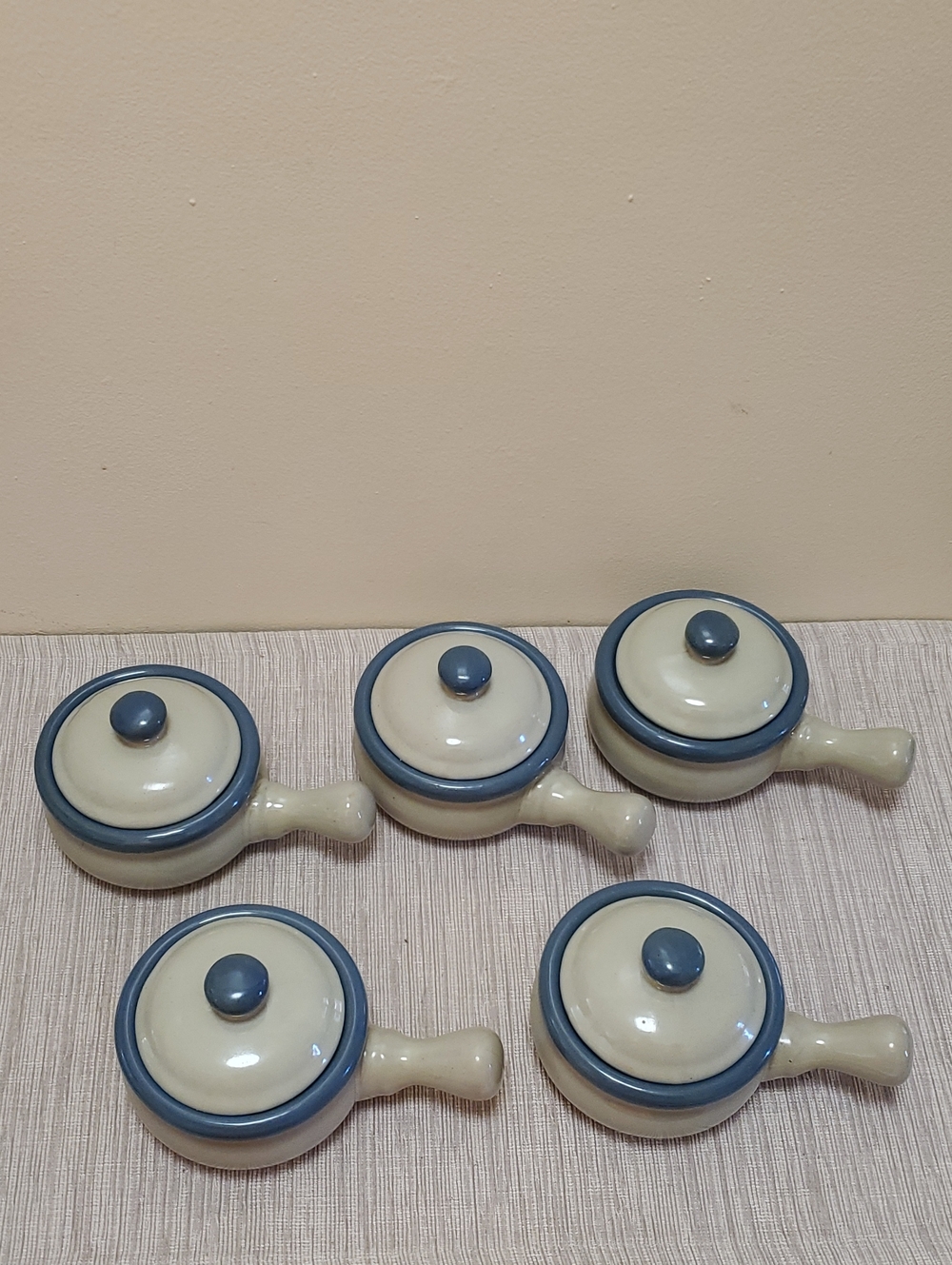 Set of 5 Blue stoneware soup crocks